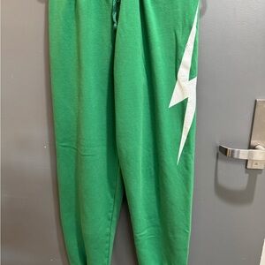 Aviator Nation Green with whites bolt Sweatpants: REPAIR on bolt!